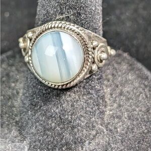 Sterling Silver intricate band detailed Agate  Blue Stone Ring